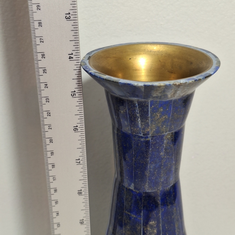Blue Lapis Lazuli Handmade Brass Lined Natural Gemstone Inlay Vase Cobalt Unique - Picture 14 of 15